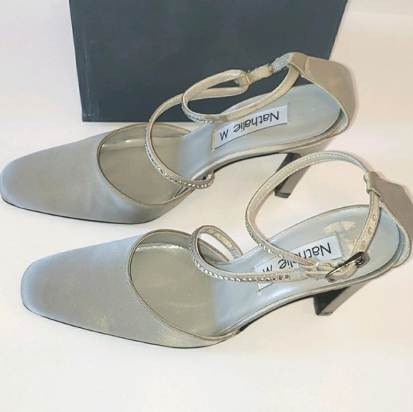 Nathalie M Diamond Ankle Strap Satin Heels Gray 6 - Picture 7 of 16